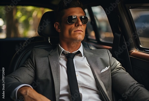 A dapper gentleman in a crisp suit and tie stands confidently next to his sleek car, sporting stylish sunglasses and a charming smile © LifeMedia