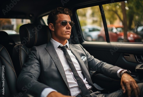 A professional man, donning a sleek suit and tie, sits confidently in his luxurious leather-seated car, his reflection staring back at him from the rearview mirror as he prepares to conquer the busy  © LifeMedia