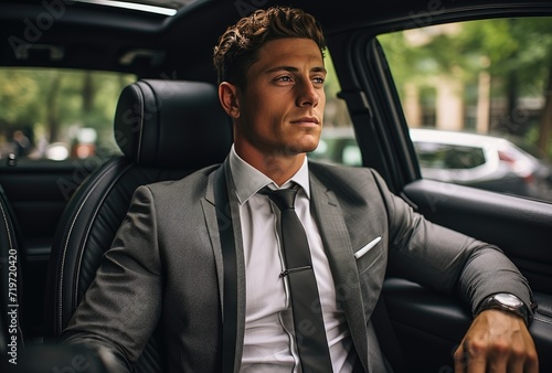 A sharply dressed businessman exudes confidence as he sits in his sleek car, his leather suit and fashionable accessories a testament to his success © LifeMedia