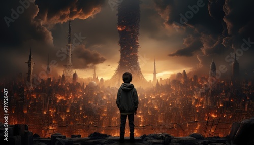A lone boy gazes upon the hazy metropolis from his lofty perch, the heat and pollution filling the sky with smoke and fire as the city sleeps below