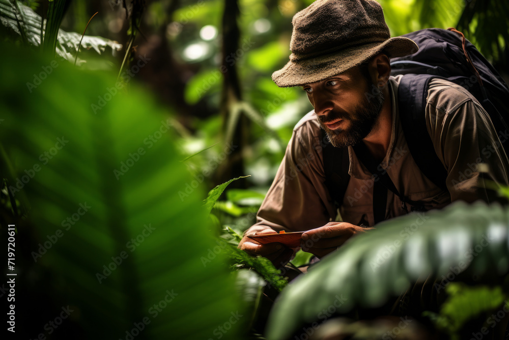Adventurous Scientist in the Midst of a Dense Jungle, Finding and Studying Previously Unknown Plant Species - obrazy, fototapety, plakaty 