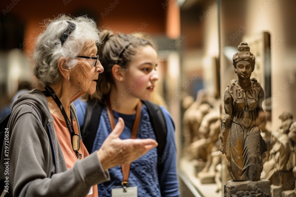 Portrait of a senior woman and her granddaughter looking at sculptures in the museum. AI generated