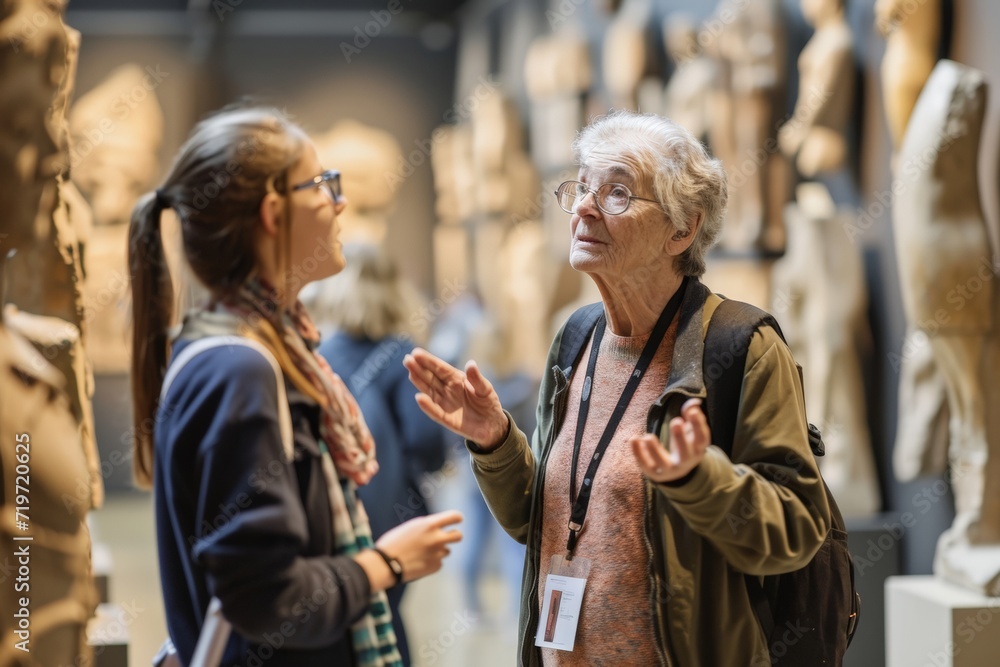 Mature woman looking at sculpture in art museum and talking with colleague. AI generated