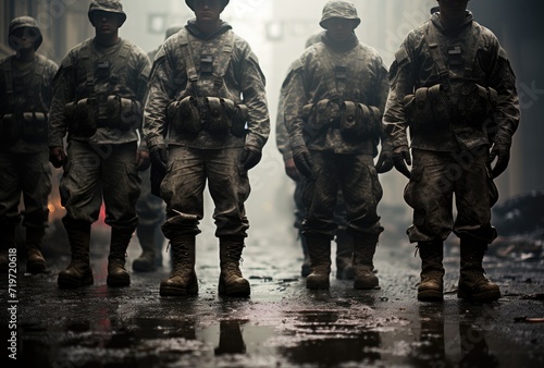 A determined group of soldiers march in perfect formation, clad in camouflage uniforms and ballistic vests, representing the strength and unity of the military organization