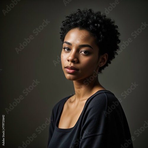 beautiful African American woman with short, curly hair and bare shoulders poses for a portrait against a dark background.