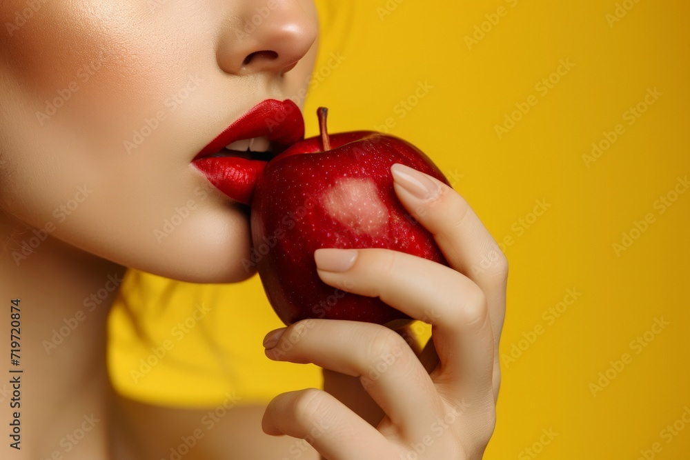 Close-up portrait of beautiful young woman with red lips and apple on yellow background. AI generated Close-up portrait of beautiful young woman with red lips and apple on yellow background. AI generated