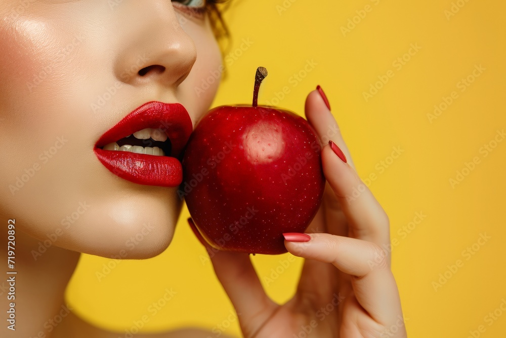 Beautiful young woman with red lips and manicure holding red apple. AI generated Beautiful young woman with red lips and manicure holding red apple. AI generated