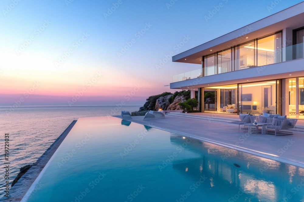 Luxury house with swimming pool and sea view at twilight time. AI generated