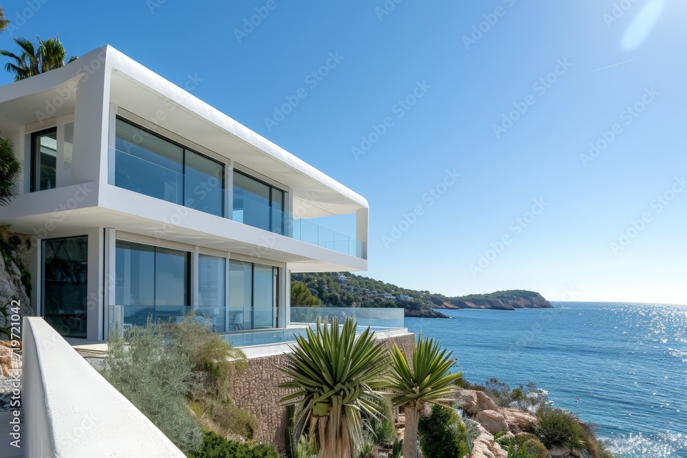 custom made wallpaper toronto digitalModern house with sea view and blue sky background. Nobody inside. AI generated
