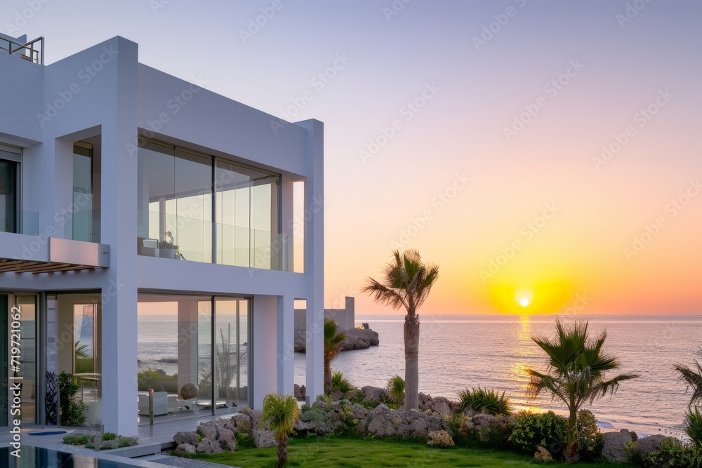 Sunset view of luxury villa with swimming pool and sea view. AI generated