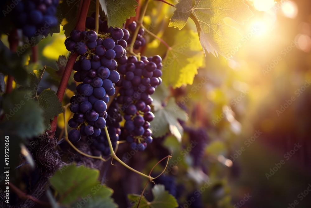 A dense vineyard, illuminating clusters of ripe, dark grapes surrounded by lush green leaves, with a softly blurred background