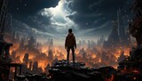 A lone figure stands atop a towering rock, gazing upon the sprawling metropolis below as clouds drift by in the vibrant sky, embodying the epic journey of a digital adventure game brought to life wit