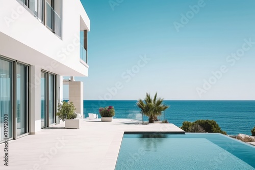 Luxury house with swimming pool, view from the terrace. AI generated