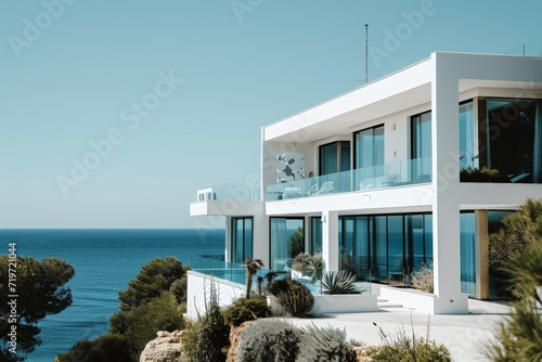 Modern house with sea view, white and blue colors. Nobody inside. AI generated
