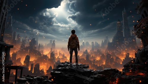 A lone figure stands atop a towering rock, gazing upon the sprawling metropolis below as clouds drift by in the vibrant sky, embodying the epic journey of a digital adventure game brought to life wit photo