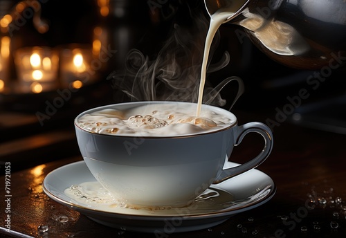 A warm cup of coffee, adorned with steam and milk, awaits to be savored in the cozy comfort of a kitchen, creating a perfect moment for relaxation and indulgence