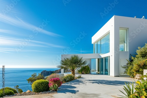 White modern house on the beach with sea view. AI generated © Carlos Dominique