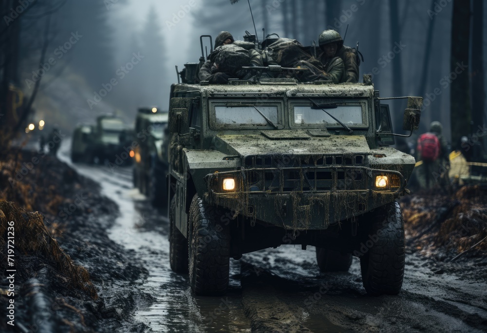 Amidst the treacherous terrain, the military vehicles trudge on with unwavering determination, their wheels caked in mud as they transport weapons of war towards the front lines
