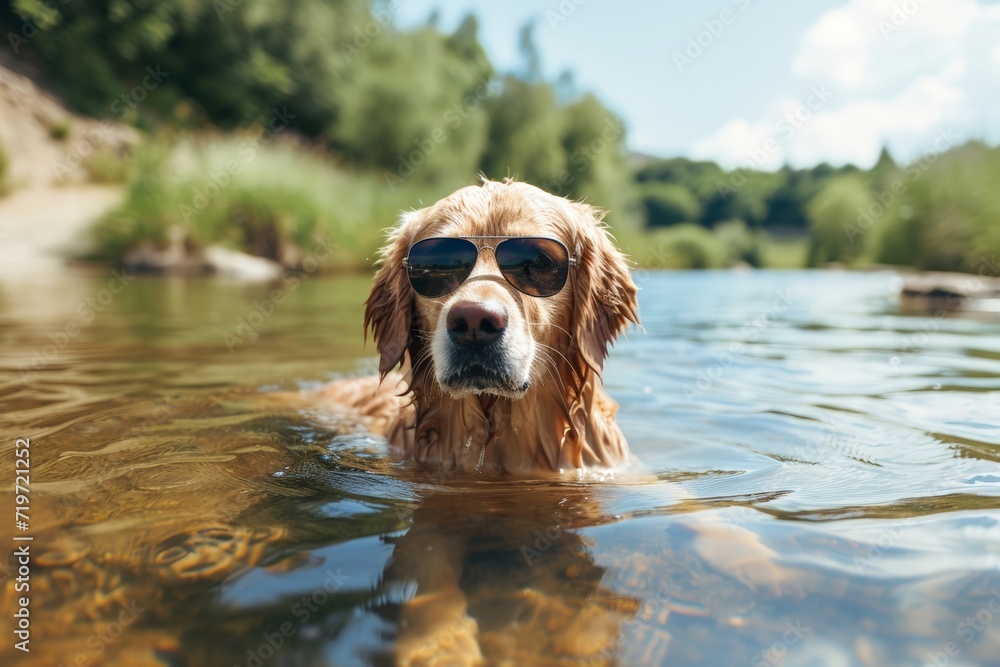 Cute golden retriever dog in sunglasses swimming in the river. AI generated