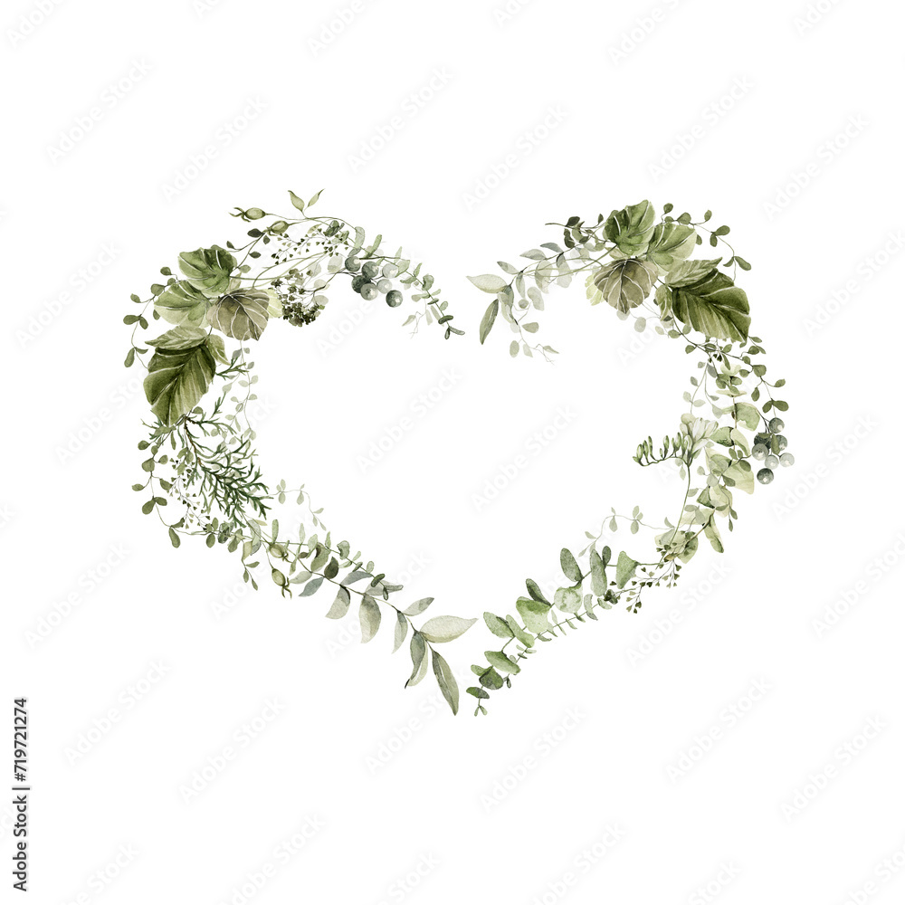 Fototapeta premium Watercolor floral frame. Hand painted heart of greenery, wildflowers, herbs. Green leaves, branches, foliage, eucalyptus leaf isolated on white background Botanical love illustration for design print