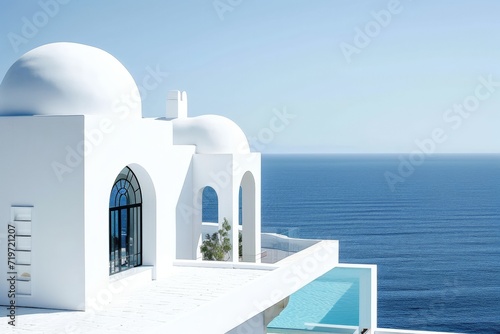 White architecture, beautiful landscape with sea view. AI generated