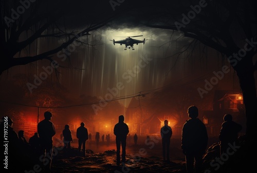 Silhouetted against the dark night sky  a group of people watches in awe as a firefighter helicopter flies over  cutting through the thick fog and casting an otherworldly glow upon the outdoor scene