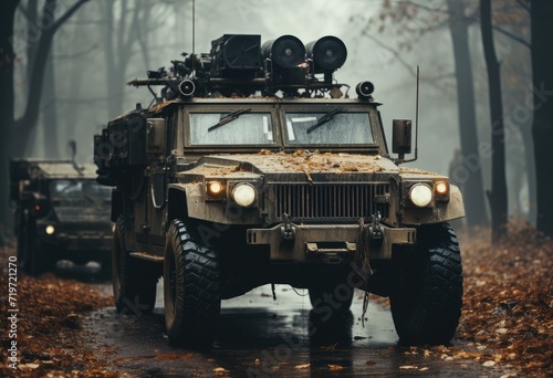 A powerful military humvee braves the slick road, its armored exterior and rugged tires ready for any terrain as it transports soldiers to their next mission photo