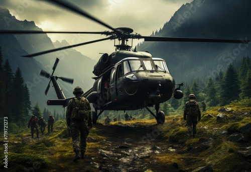 Fotografia A group of people brave the rugged terrain as they board a military helicopter,