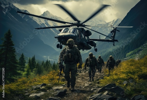 A group of rugged soldiers trekking through the mountainous terrain  their weary faces illuminated by the rotating blades of a military helicopter as it transports them to their next mission in the v