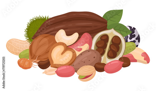 Tasty nuts mix. Cartoon raw nuts and seeds handful, peanut, cashew, almond and walnut bunch. Vegetarian diet organic mix flat vector illustration