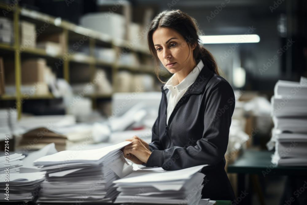 Portrait of a hardworking Production Clerk amidst a sea of documents and the hum of a busy factory Portrait of a hardworking Production Clerk amidst a sea of documents and the hum of a busy factory