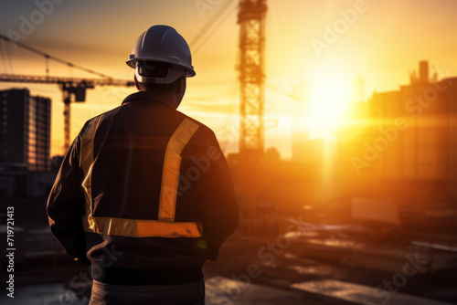 Portrait of a Safety Officer in his uniform, standing strong in the industrial landscape, as the sun sets in the background