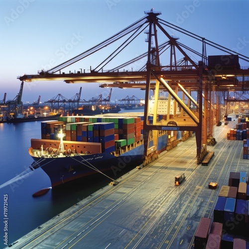 Container Cargo freight ship with working crane bridge at dusk for Logistic Import Export background. AI generated