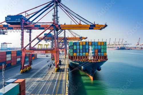 Container Cargo freight ship with working crane bridge in shipyard for Logistic Import Export background. AI generated