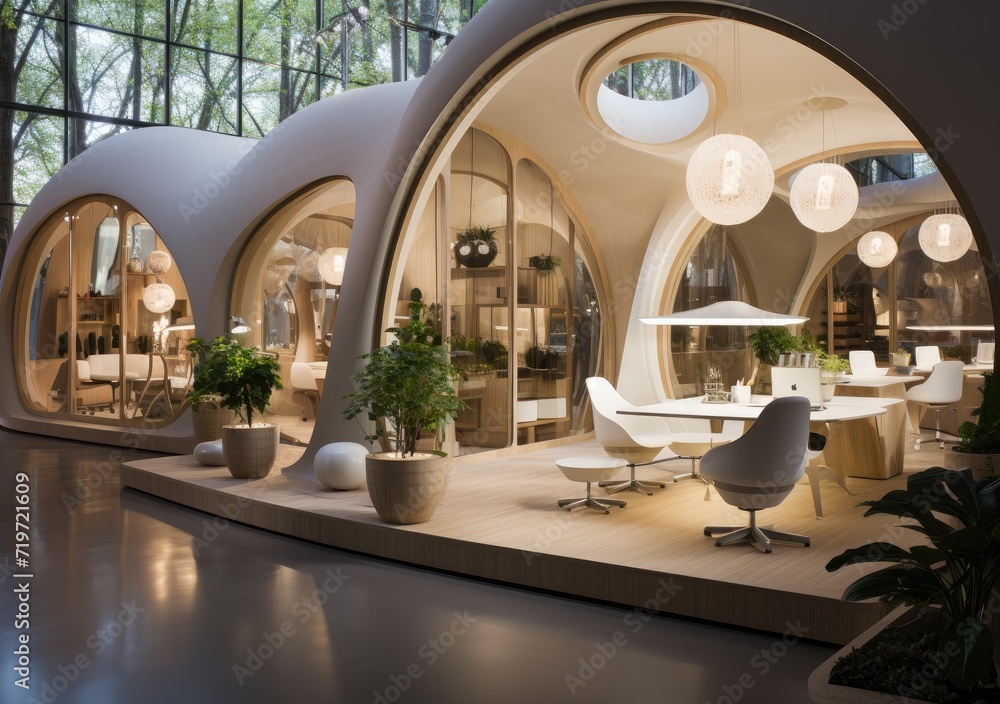 Fototapeta premium A cozy lobby with a modern touch, featuring a round table surrounded by elegant chairs and a lush houseplant, all under a stunning ceiling and natural light streaming in through the window