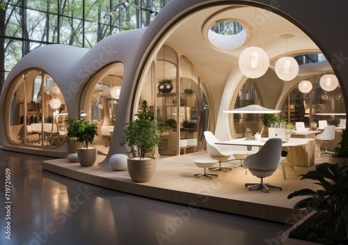 A cozy lobby with a modern touch, featuring a round table surrounded by elegant chairs and a lush houseplant, all under a stunning ceiling and natural light streaming in through the window
