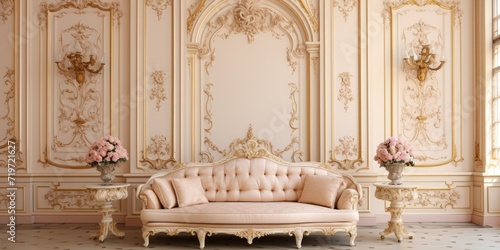 Expensive baroque-style furniture and decorative walls adorn a luxurious sitting room in beige pastel tones.