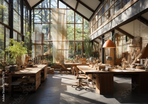 Sunlight streams through the large windows, illuminating the wooden tables and houseplants that adorn the spacious room, creating a warm and inviting atmosphere in this beautifully designed indoor gr
