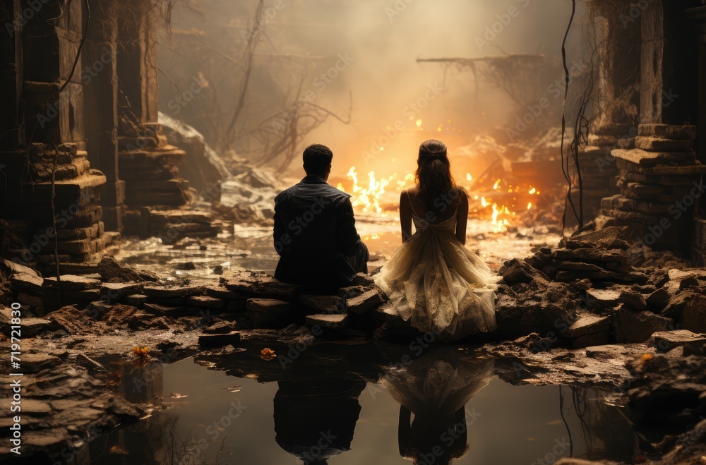 As the fire crackled and cast its warm glow, the couple sat on the rocky ground, enveloped in the tranquil beauty of nature and protected by their cozy clothing from the chill of the outdoor night