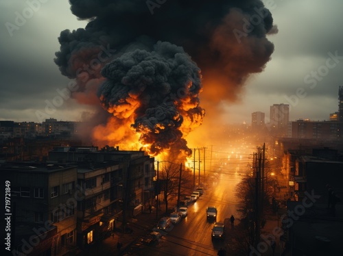 A raging wildfire engulfs a city, filling the sky with dark smoke and pollution, as an explosion rips through a building and the outdoor heat intensifies in this natural disaster photo