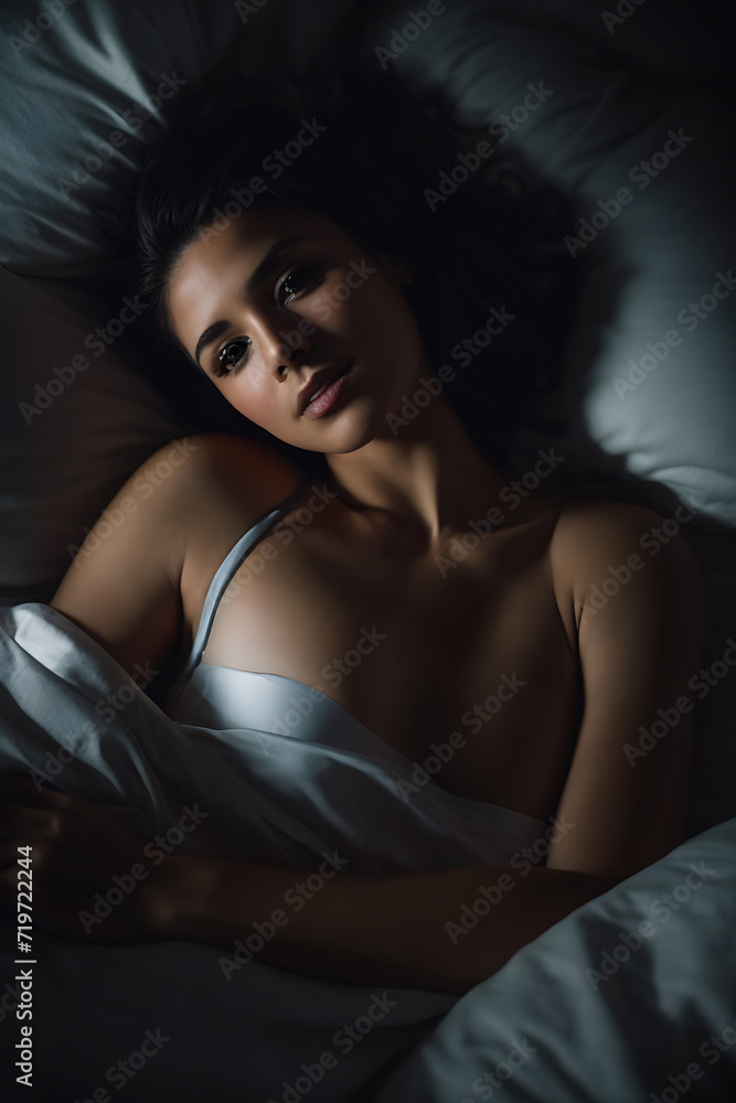 Woman Lying in Bed Under Blanket for a Cozy Sleep Rest. Generative AI. Woman Lying in Bed Under Blanket for a Cozy Sleep Rest. Generative AI.