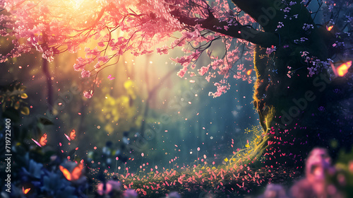 Magical forest glade with pink blossoms and fluttering butterflies. photo