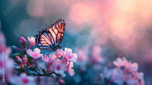 Fotografija Butterfly and cherry blossoms with sparkling light, evoking spring magic
