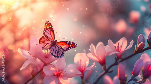 Ethereal spring scene with a butterfly amid glowing flowers and sparkles.