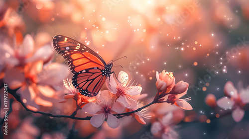 A monarch butterfly perched on cherry blossoms in a dreamy sunset light. © SuperGlück