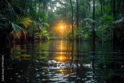 sunrise in flooded tropical rainforest during high water season