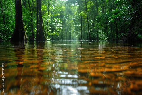 river in a flooded tropical forest illuminated by the sun