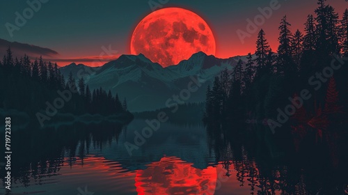 Silhouette moon over mountain lake