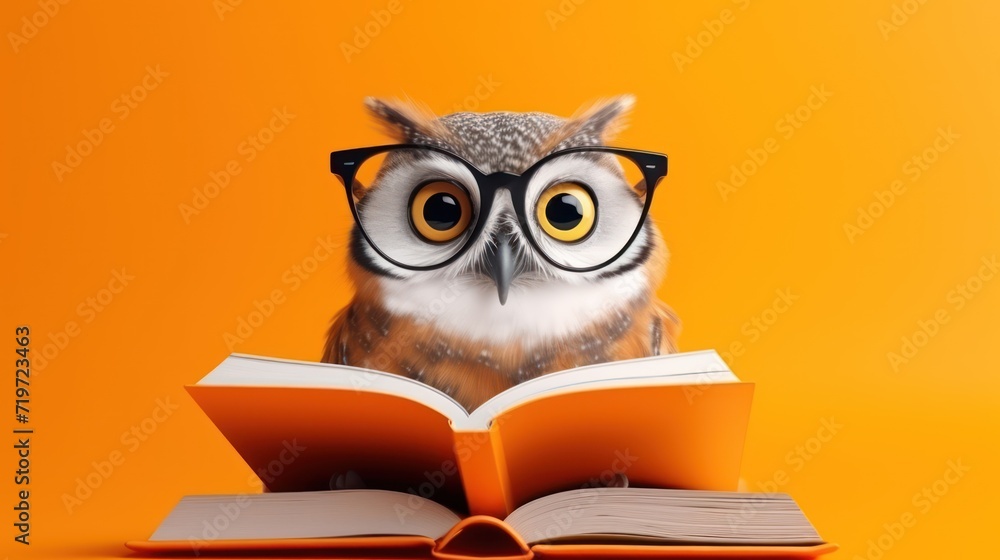 Smart owl bird in glasses reading a book isolated on yellow background. AI generated image Smart owl bird in glasses reading a book isolated on yellow background. AI generated image