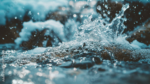 Water splashing on the rocks in winter. Shallow depth of field.